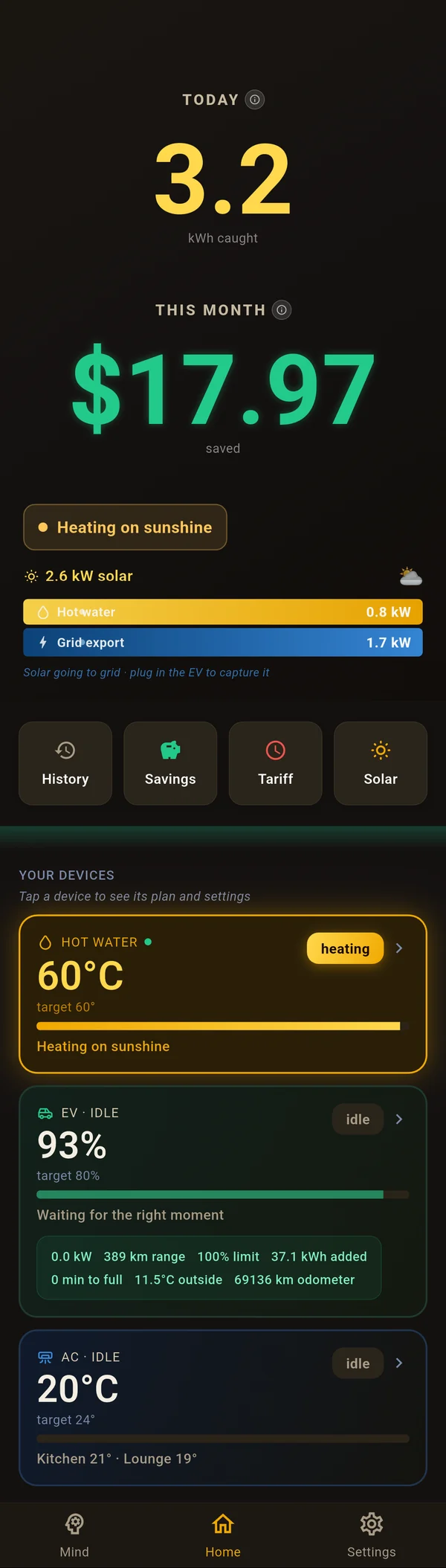 The Sevia app — today's solar caught, savings, and connected devices